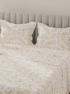 Lumina Floret 100% Cotton 144 TC White, Green, Red Floral King Bedsheet with 2 Pillow Covers