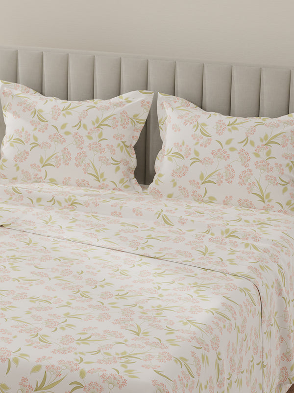 Lumina Floret 100% Cotton 144 TC White, Green, Red Floral King Bedsheet with 2 Pillow Covers