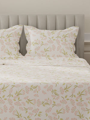 Lumina Floret 100% Cotton 144 TC White, Green, Red Floral King Bedsheet with 2 Pillow Covers