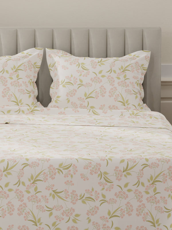 Lumina Floret 100% Cotton 144 TC White, Green, Red Floral King Bedsheet with 2 Pillow Covers