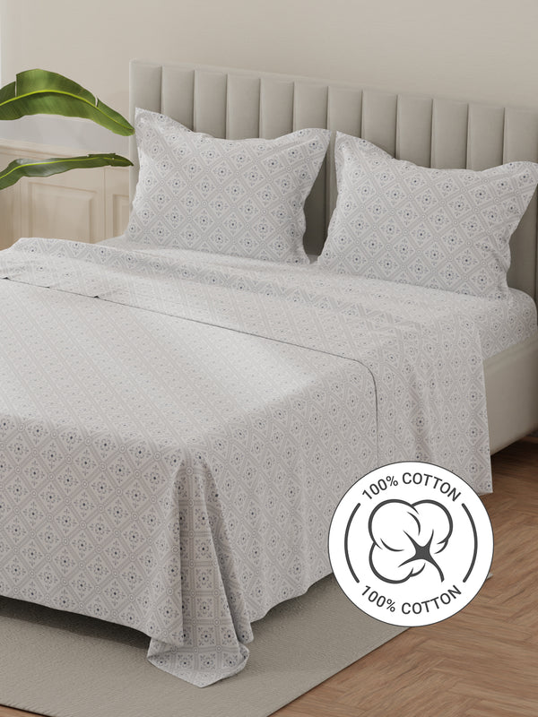 Lumina Floret 100% Cotton 144 TC Grey & White Ethnic Print King Bedsheet with 2 Pillow Covers