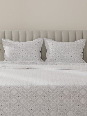 Lumina Floret 100% Cotton 144 TC Grey & White Ethnic Print King Bedsheet with 2 Pillow Covers