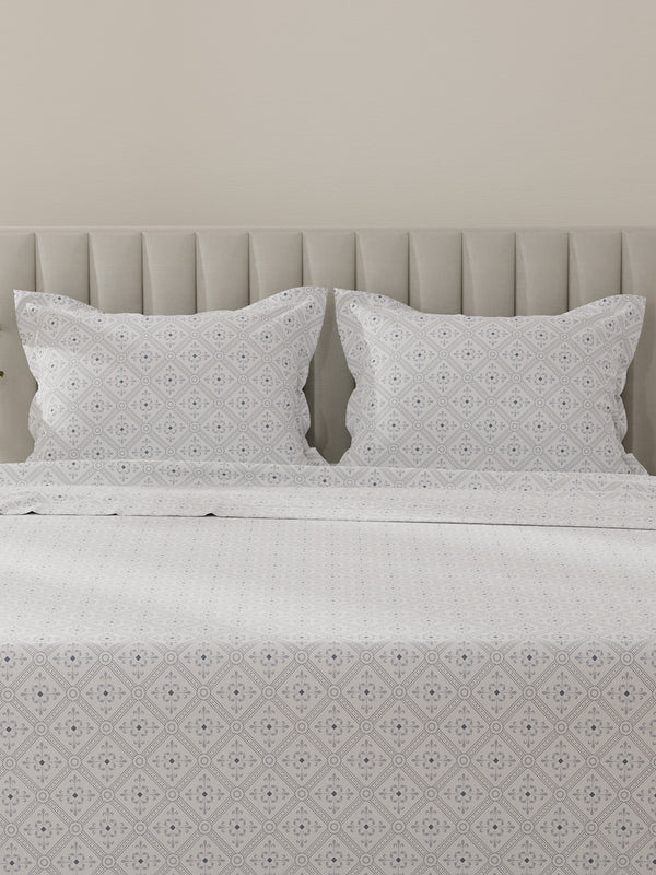 Lumina Floret 100% Cotton 144 TC Grey & White Ethnic Print King Bedsheet with 2 Pillow Covers
