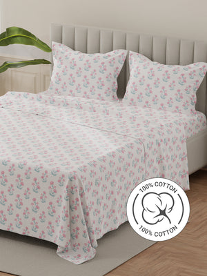 Lumina Floret 100% Cotton 144 TC Pink, Blue, White Floral King Bedsheet with 2 Pillow Covers