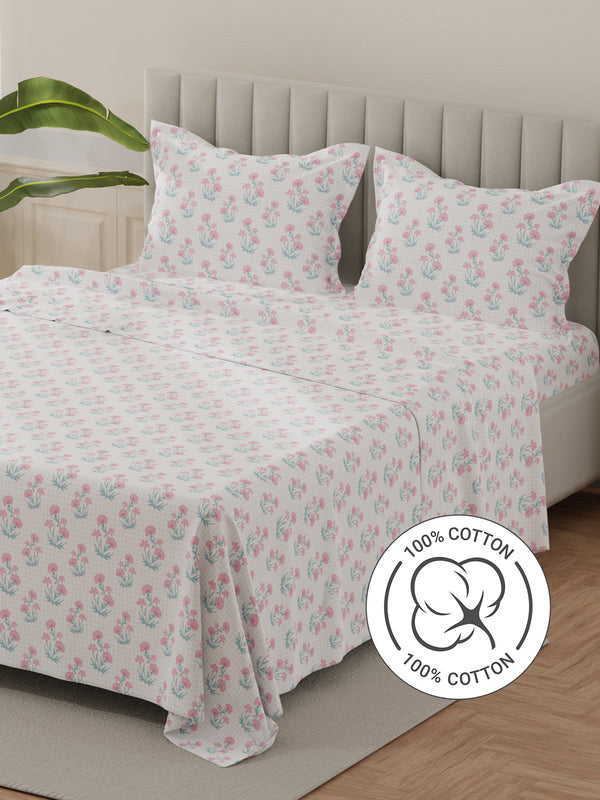 Lumina Floret 100% Cotton 144 TC Pink, Blue, White Floral King Bedsheet with 2 Pillow Covers