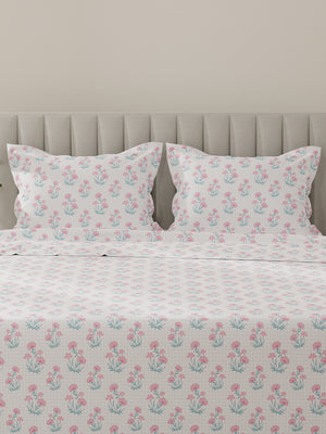 Lumina Floret 100% Cotton 144 TC Pink, Blue, White Floral King Bedsheet with 2 Pillow Covers