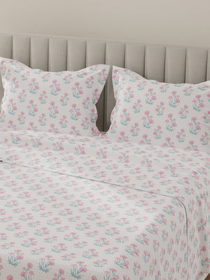 Lumina Floret 100% Cotton 144 TC Pink, Blue, White Floral King Bedsheet with 2 Pillow Covers
