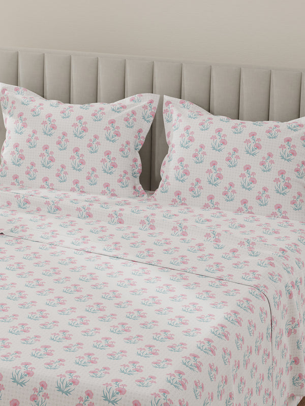 Lumina Floret 100% Cotton 144 TC Pink, Blue, White Floral King Bedsheet with 2 Pillow Covers