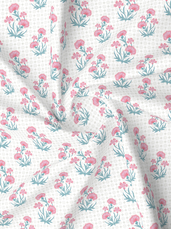 Lumina Floret 100% Cotton 144 TC Pink, Blue, White Floral King Bedsheet with 2 Pillow Covers
