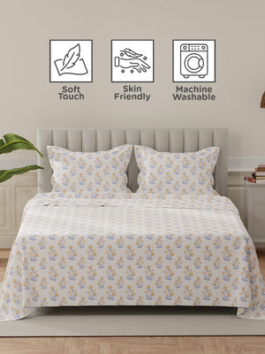 Lumina Floret 100% Cotton 144 TC Yellow, Blue, White Floral King Bedsheet with 2 Pillow Covers