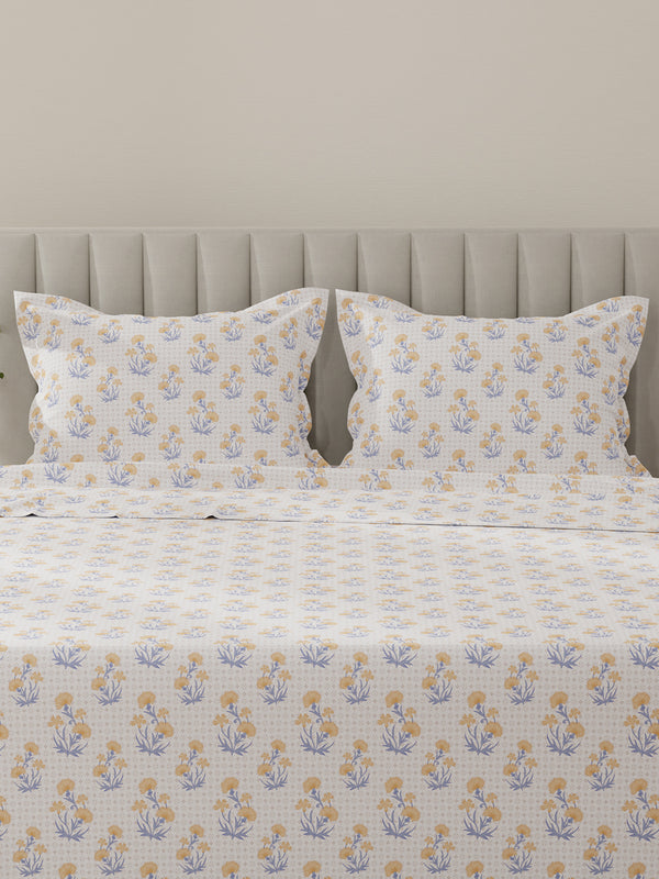 Lumina Floret 100% Cotton 144 TC Yellow, Blue, White Floral King Bedsheet with 2 Pillow Covers
