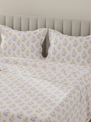 Lumina Floret 100% Cotton 144 TC Yellow, Blue, White Floral King Bedsheet with 2 Pillow Covers