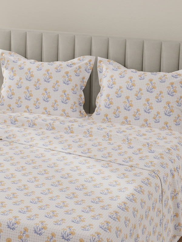 Lumina Floret 100% Cotton 144 TC Yellow, Blue, White Floral King Bedsheet with 2 Pillow Covers