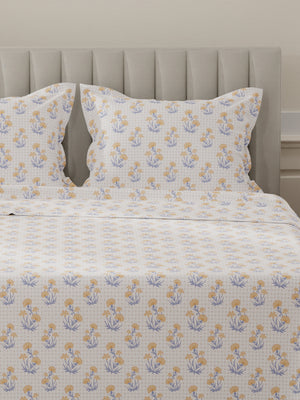 Lumina Floret 100% Cotton 144 TC Yellow, Blue, White Floral King Bedsheet with 2 Pillow Covers