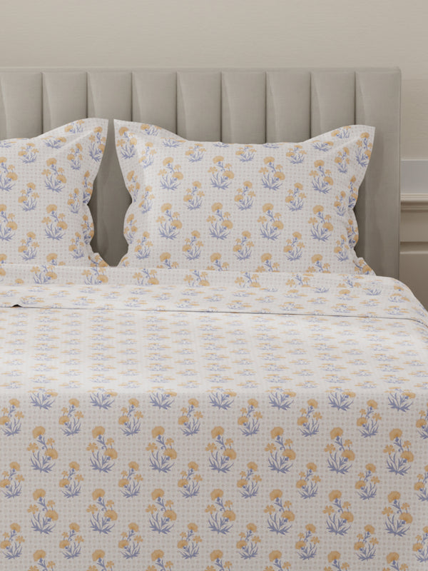 Lumina Floret 100% Cotton 144 TC Yellow, Blue, White Floral King Bedsheet with 2 Pillow Covers