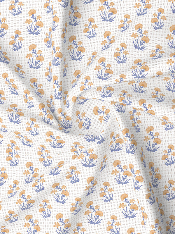 Lumina Floret 100% Cotton 144 TC Yellow, Blue, White Floral King Bedsheet with 2 Pillow Covers