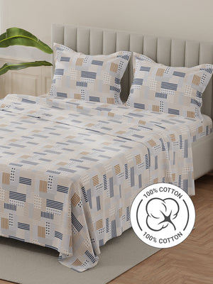 Lumina Floret 100% Cotton 144 TC Navy Blue & Brown Geometrical Print King Bedsheet with 2 Pillow Covers