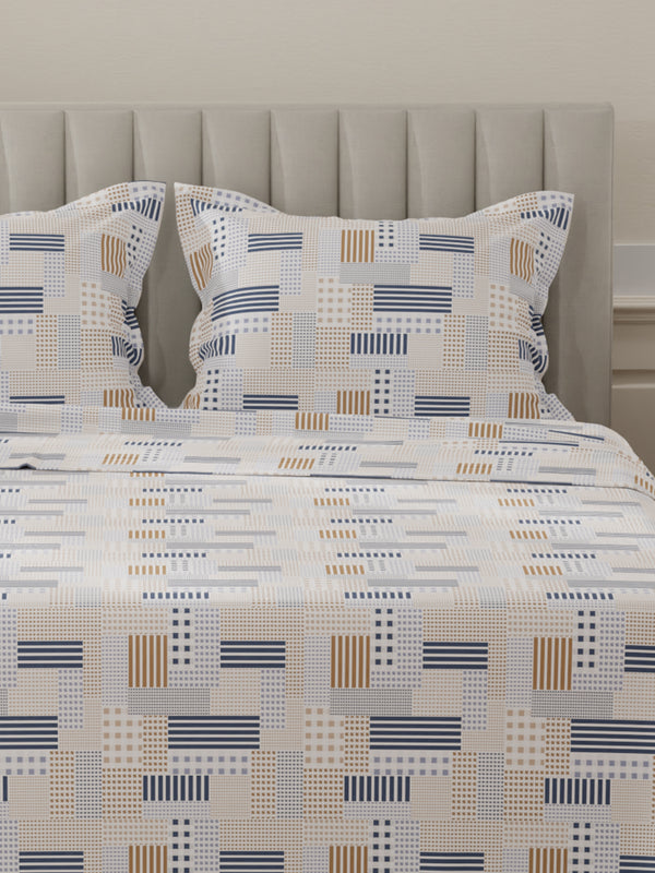 Lumina Floret 100% Cotton 144 TC Navy Blue & Brown Geometrical Print King Bedsheet with 2 Pillow Covers
