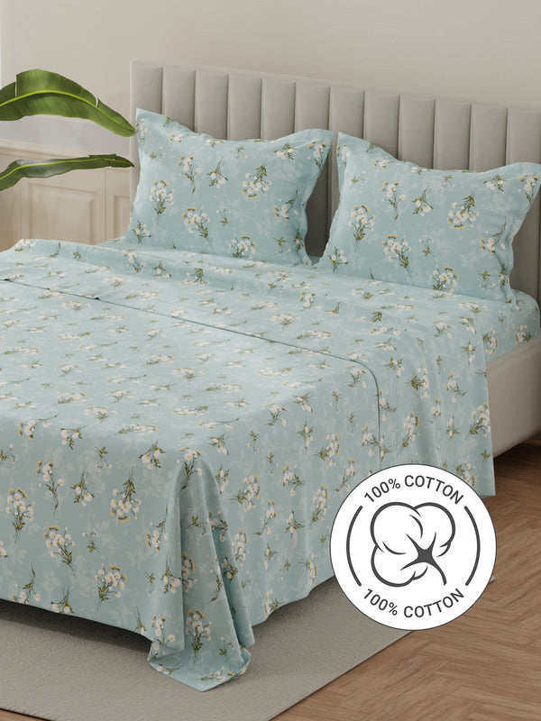 Lumina Floret 100% Cotton 144 TC Blue Floral King Bedsheet with 2 Pillow Covers
