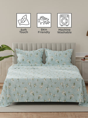 Lumina Floret 100% Cotton 144 TC Blue Floral King Bedsheet with 2 Pillow Covers