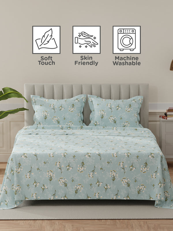 Lumina Floret 100% Cotton 144 TC Blue Floral King Bedsheet with 2 Pillow Covers