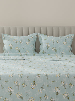 Lumina Floret 100% Cotton 144 TC Blue Floral King Bedsheet with 2 Pillow Covers