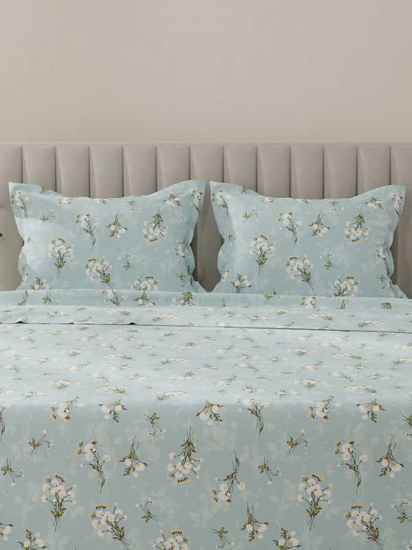 Lumina Floret 100% Cotton 144 TC Blue Floral King Bedsheet with 2 Pillow Covers