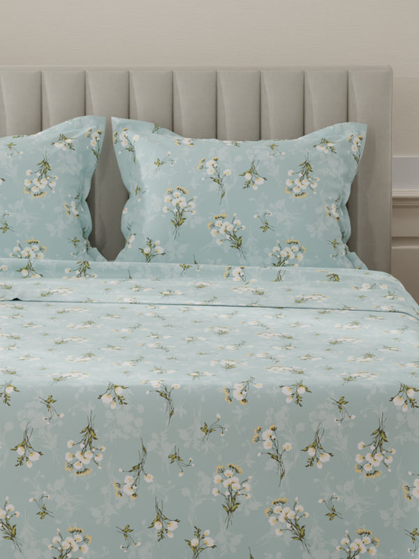 Lumina Floret 100% Cotton 144 TC Blue Floral King Bedsheet with 2 Pillow Covers