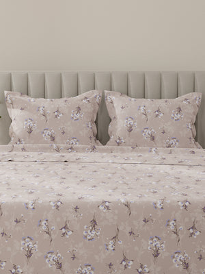 Lumina Floret 100% Cotton 144 TC Purple Floral King Bedsheet with 2 Pillow Covers