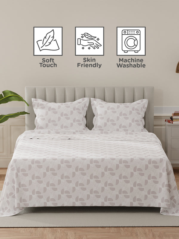 Lumina Floret 100% Cotton 144 TC Grey & White Geometrical Print King Bedsheet with 2 Pillow Covers
