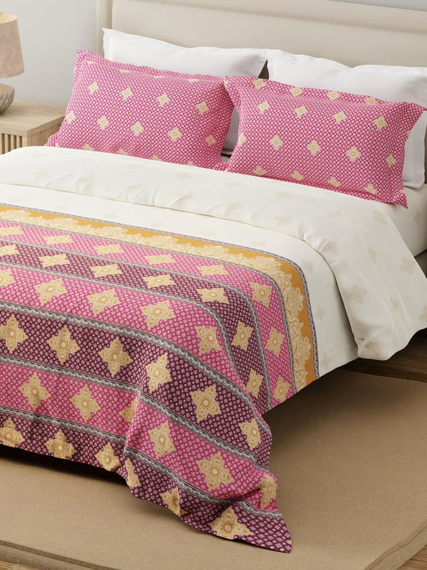 100% Cotton 120 TC, King Size Pink & White Bedsheet with 2 Pillow Covers, Forever Collection (Ethnic Print)