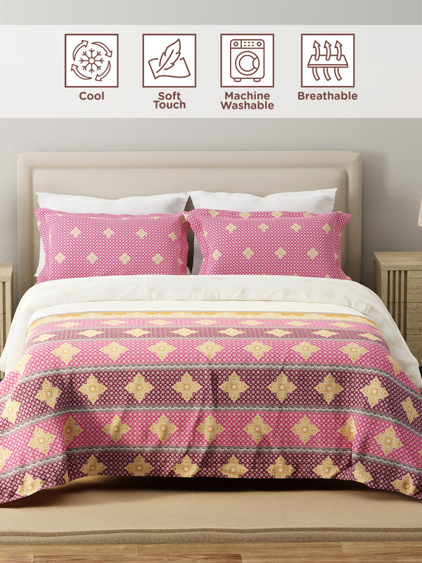 100% Cotton 120 TC, King Size Pink & White Bedsheet with 2 Pillow Covers, Forever Collection (Ethnic Print)