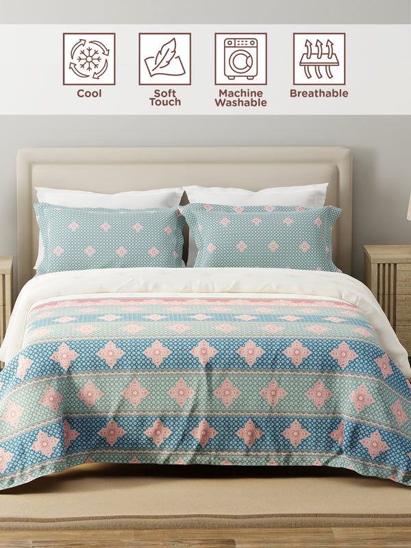 100% Cotton 120 TC, King Size Blue & White Bedsheet with 2 Pillow Covers, Forever Collection (Ethnic Print)