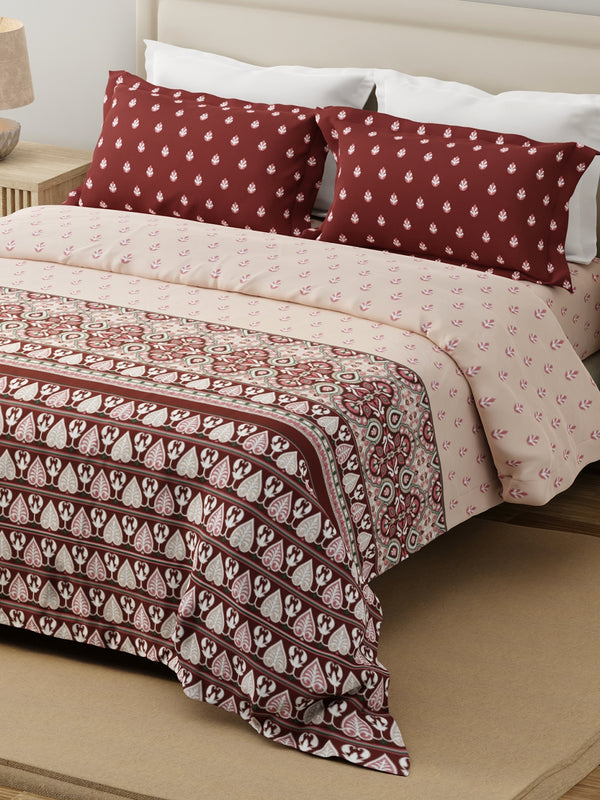 100% Cotton 120 TC, King Size Maroon & White Bedsheet with 2 Pillow Covers, Forever Collection (Ethnic Print)