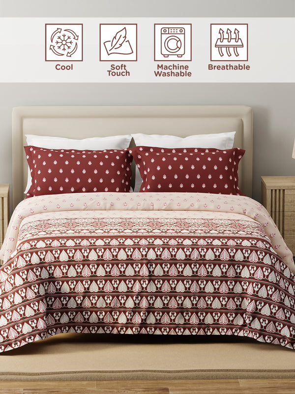 100% Cotton 120 TC, King Size Maroon & White Bedsheet with 2 Pillow Covers, Forever Collection (Ethnic Print)