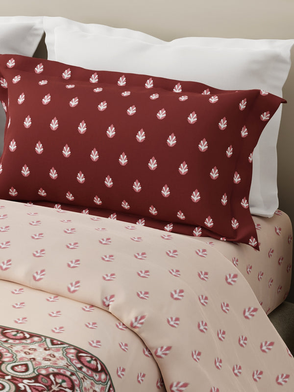 100% Cotton 120 TC, King Size Maroon & White Bedsheet with 2 Pillow Covers, Forever Collection (Ethnic Print)