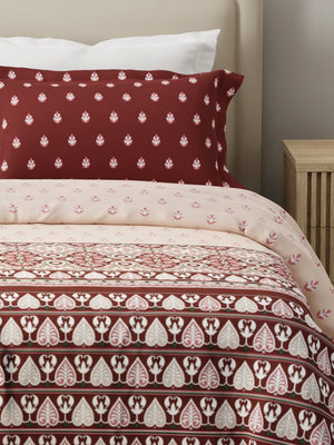 100% Cotton 120 TC, King Size Maroon & White Bedsheet with 2 Pillow Covers, Forever Collection (Ethnic Print)