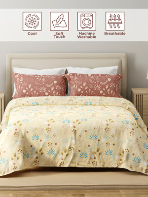 100% Cotton 120 TC, King Yellow & Brown Bedsheet with 2 Pillow Covers, Forever Collection (Floral Print)
