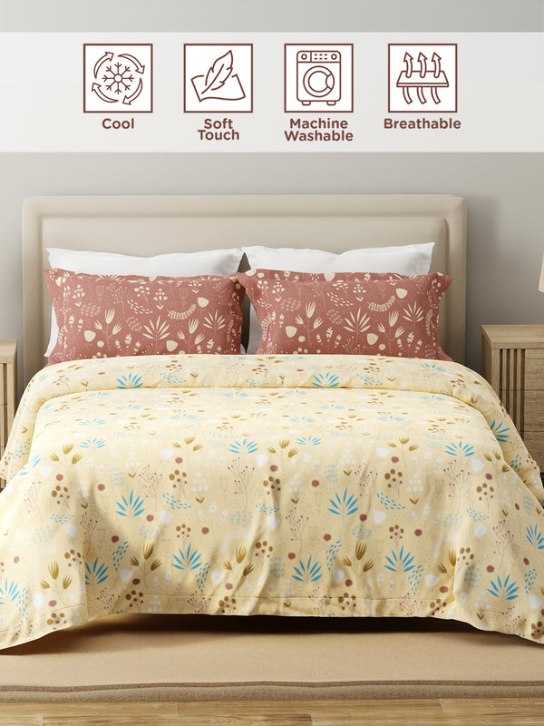 100% Cotton 120 TC, King Yellow & Brown Bedsheet with 2 Pillow Covers, Forever Collection (Floral Print)