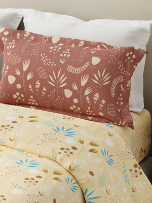 100% Cotton 120 TC, King Yellow & Brown Bedsheet with 2 Pillow Covers, Forever Collection (Floral Print)