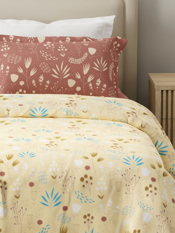 100% Cotton 120 TC, King Yellow & Brown Bedsheet with 2 Pillow Covers, Forever Collection (Floral Print)