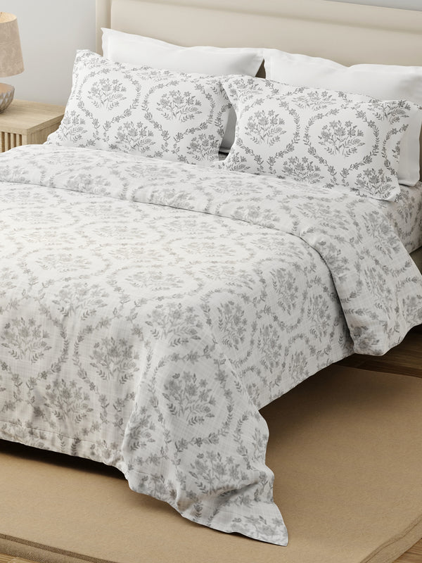 100% Cotton 120 TC, King Size Grey Bedsheet with 2 Pillow Covers, Forever Collection (Floral Print)