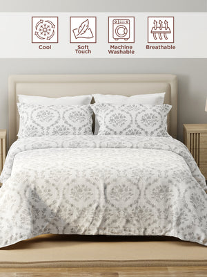 100% Cotton 120 TC, King Size Grey Bedsheet with 2 Pillow Covers, Forever Collection (Floral Print)