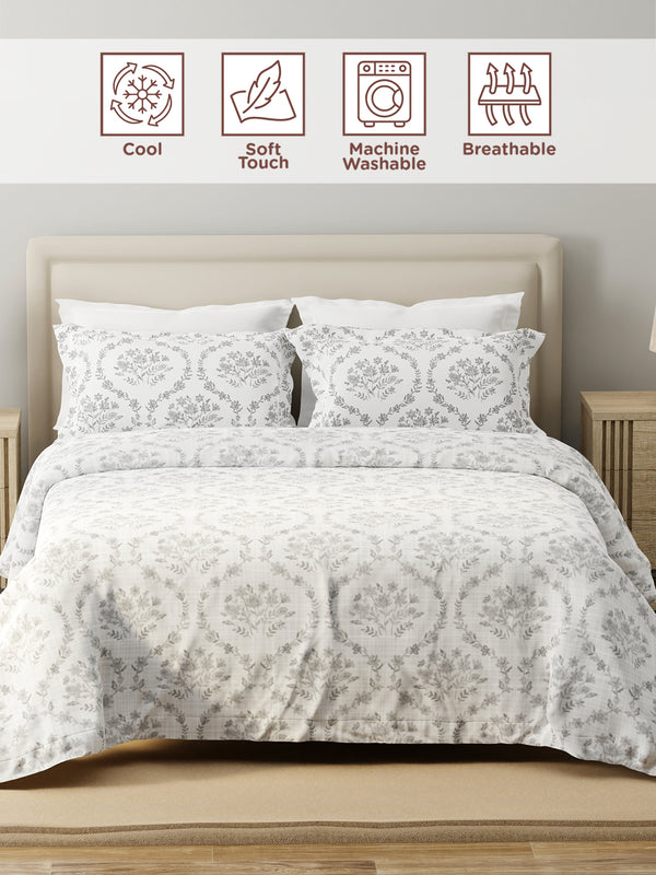100% Cotton 120 TC, King Size Grey Bedsheet with 2 Pillow Covers, Forever Collection (Floral Print)
