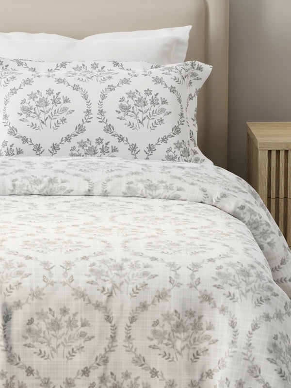 100% Cotton 120 TC, King Size Grey Bedsheet with 2 Pillow Covers, Forever Collection (Floral Print)