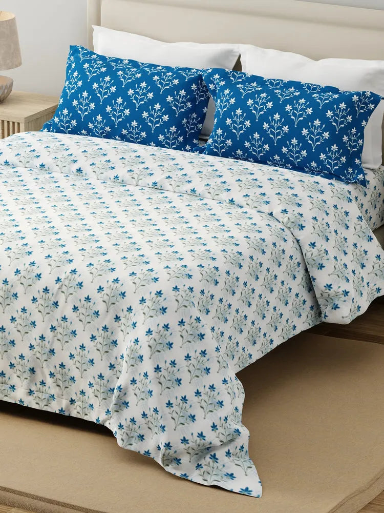 100% Cotton 120 TC, King Size Blue & White Bedsheet with 2 Pillow Covers, Forever Collection (Floral Print)
