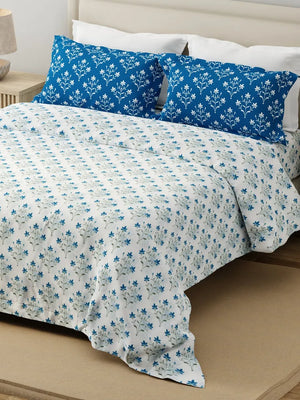 100% Cotton 120 TC, King Size Blue & White Bedsheet with 2 Pillow Covers, Forever Collection (Floral Print)