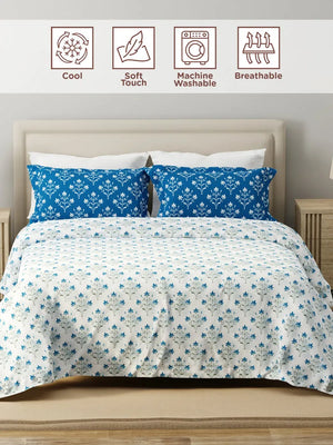 100% Cotton 120 TC, King Size Blue & White Bedsheet with 2 Pillow Covers, Forever Collection (Floral Print)