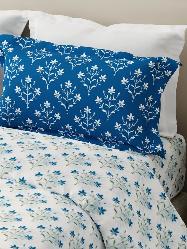 100% Cotton 120 TC, King Size Blue & White Bedsheet with 2 Pillow Covers, Forever Collection (Floral Print)