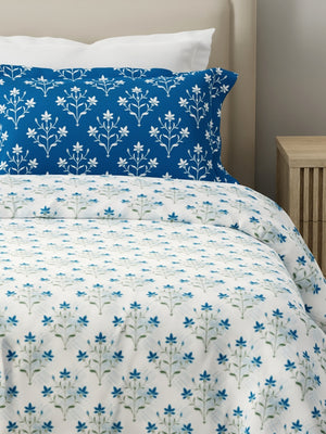 100% Cotton 120 TC, King Size Blue & White Bedsheet with 2 Pillow Covers, Forever Collection (Floral Print)